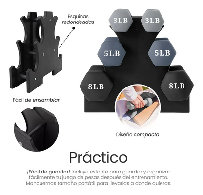 Kit De 6 Mancuernas Pesas Para Ejercicio 3 5 Y 8 Lb Con Base Color Negro